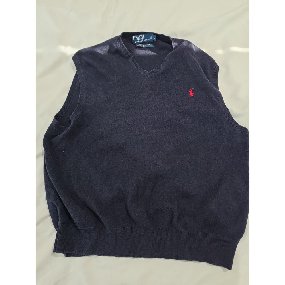 Polo Ralph Lauren Vintage Mens L Navy Cotton V-Neck Sweater Vest Pony Logo